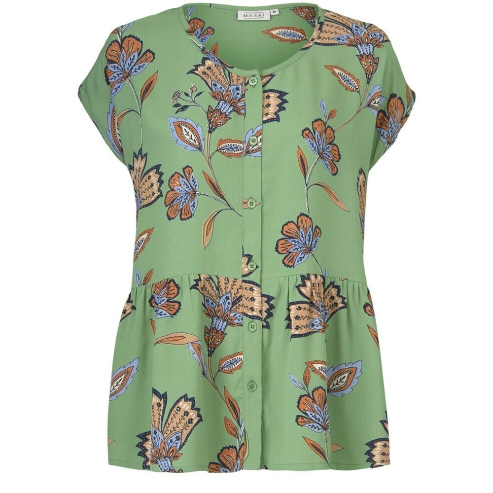 Masai Short Sleeve Top Size‎ XXL Idali Green Peplum Button Up Viscose Feminine